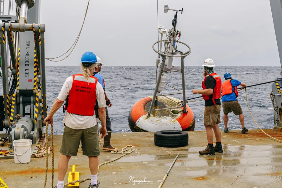 RAMA buoy recovery on deck of RV Sally Ride, MISO-BoB 2019