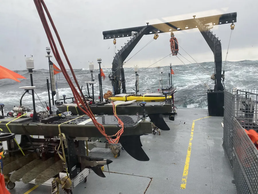 Wave Gliders on deck of R/V Oceanus, S-MODE Pilot Campaign 2021
